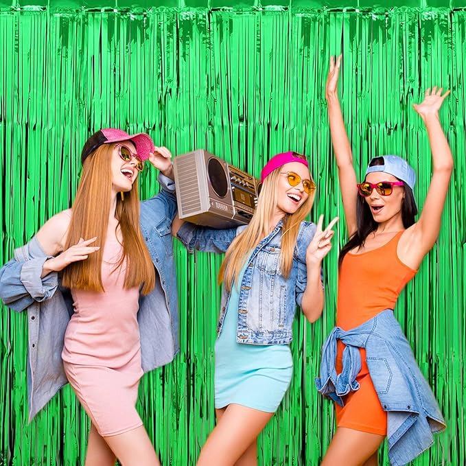 6 Pack Green Foil Fringe Curtains Backdrop, 3.28 x 8.2 Ft Metallic Streamers Tinsel Curtains Background for Photo Booth, Birthday, Weddings, Carnivals, Graduation, Themed Party Decorations