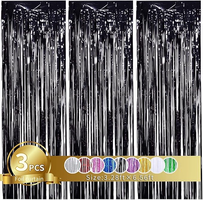 TONIFUL 3Pcs Black Door Streamers,Photo Booth Backdrop,Metallic Streamers Black Foil Fringe Curtains for Birthday,Christmas,New Year,St. Patrick's Day Halloween Party Streamers Decor(9.9ft x 6.6ft)