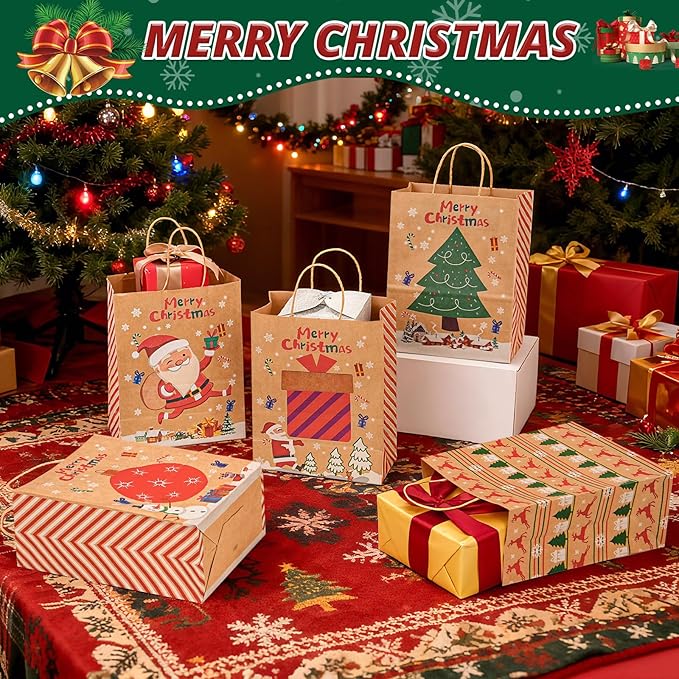 LYLIN 10Pcs Kraft Christmas Gift Bags, Christmas Tote Bags with Handles for Holiday, Reusable Xmas Treat Bags for Wrapping Gifts, Party Favors and Holiday Decor (5 Medium, 5 Small)
