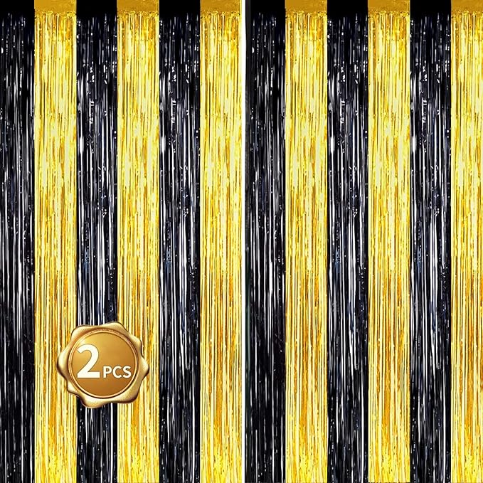 BEISHIDA 2Pcs Black Gold Door Streamers Congrats Grade 2025 Decoration Backdrop Foil Fringe Tinsel Party Streamers Curtains Backdrops Birthday Graduation New Year Party Decoations(3.28 ft x 6.56 ft)