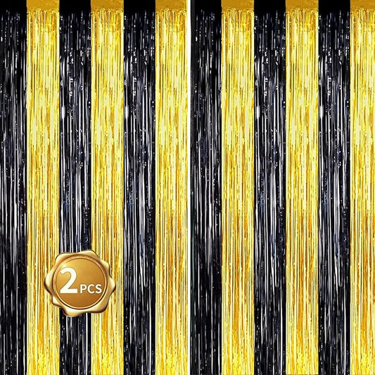 BEISHIDA 2Pcs Black Gold Door Streamers Congrats Grade 2025 Decoration Backdrop Foil Fringe Tinsel Party Streamers Curtains Backdrops Birthday Graduation New Year Party Decoations(3.28 ft x 6.56 ft)