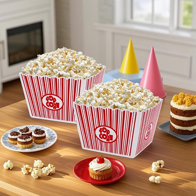 Hedume 6 Pack Popcorn Containers, Plastic Movie Theater Style Popcorn Container Set, Red & White Striped Classic Popcorn Boxes for Movie Night, Reusable (Square, 9" x 9" x 6")