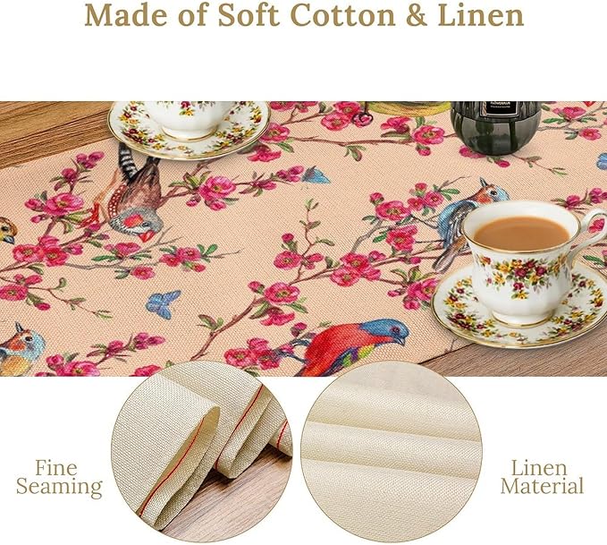 Floral Butterfly Table Runner Seasonal Spring Flower Bird Table Decoration Table Runner for Home Party Decoration 13x70 Inch