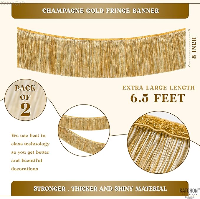 KatchOn, Large Champagne Gold Fringe Garland - 6.5 Feet, Pack of 2 | Foil Fringe Banner for 50th Birthday Decorations | Gold Streamers for Casino, Bachelorette, Retirement, Anniversary Decorations