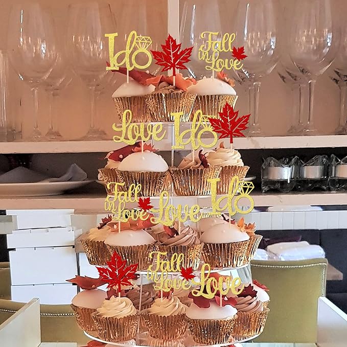 24 PCS Fall in Love Cupcake Toppers Glitter Maple Leaves Love I Do Cupcake Picks Fall Theme Wedding Cake Decorations for Bridal Shower Engagement Thanksgiving Birthday Party Supplies