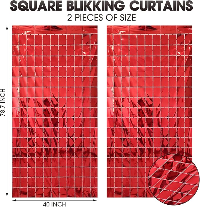 2 Pcs Red Foil Fringe Square Curtain Backdrop - Blue Streamers Party Decorations, Sequin Square Curtain Photo Backdrop Props for Birthday Party Graduation Bachelorette Wedding Decor, 3.3 x 6.6 Ft