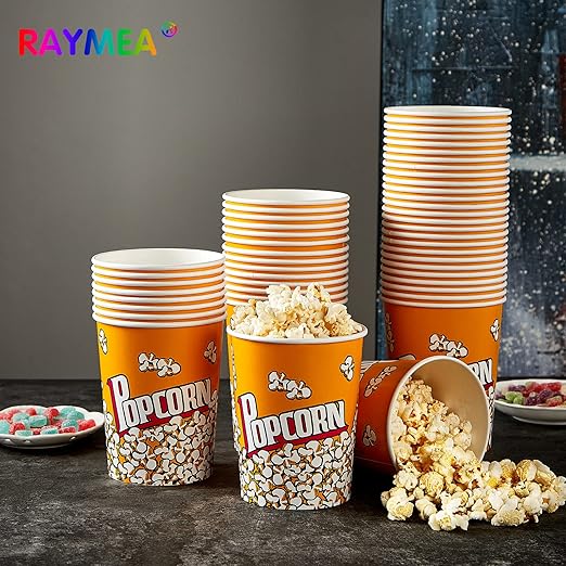 RAYMEA Popcorn Buckets Disposable 32oz Retro Style Paper 25 Pack Leak Proof Popcorn Containers Bowls for Family Movie Night & Party