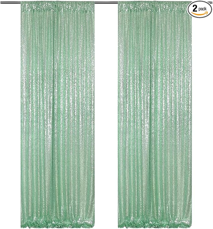 Poise3EHome Mint Green Sequin Backdrop Curtain, 2 Panels, 2FTx8FT, Polyester, for Party Wedding Sequence Decoration