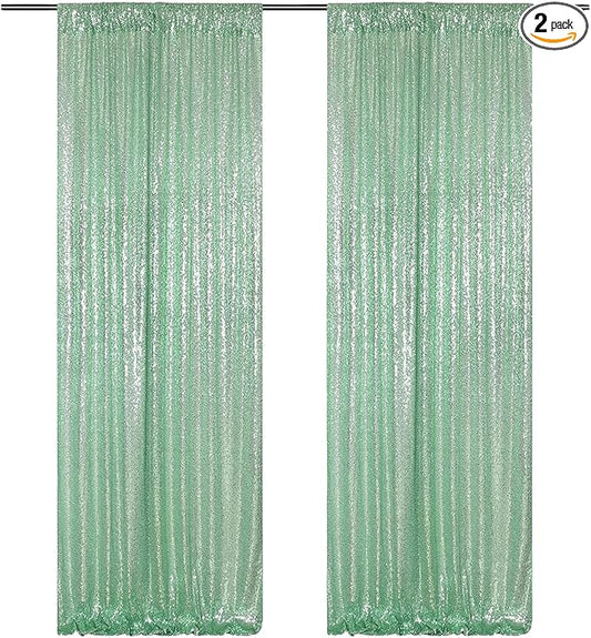 Poise3EHome Mint Green Sequin Backdrop Curtain, 2 Panels, 2FTx8FT, Polyester, for Party Wedding Sequence Decoration