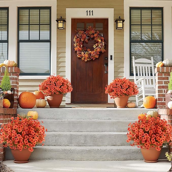 Hananona 36 Pcs Artificial Mum Flowers for Outdoors, Faux Fall Mums Silk Flower for Outside, Fake Orange Flowers for Fall Patio Front Door Planter Autumn Halloween Home Decorations (36, Orange)