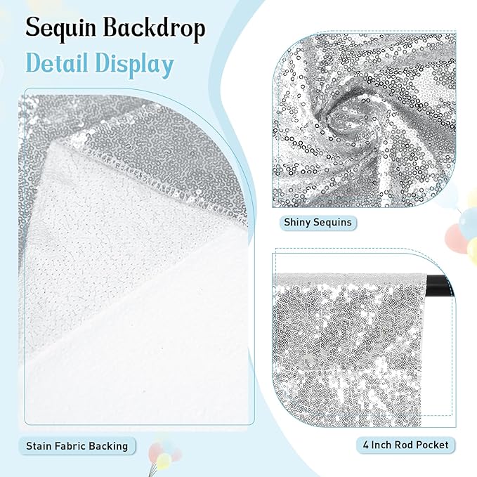 SquarePie Sequin Backdrop Not See Through Thick Stain Background for Photography Glitter Curtain Party 8FT x 8FT Silver