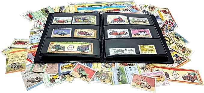 IMPACTO COLECCIONABLES – 100 Car-Themed Stamps Collection with Included Album (5.5 x 7 x 0.4 in) | Enhance your philatelic collection with authentic postmarked stamps in a compact and elegant album
