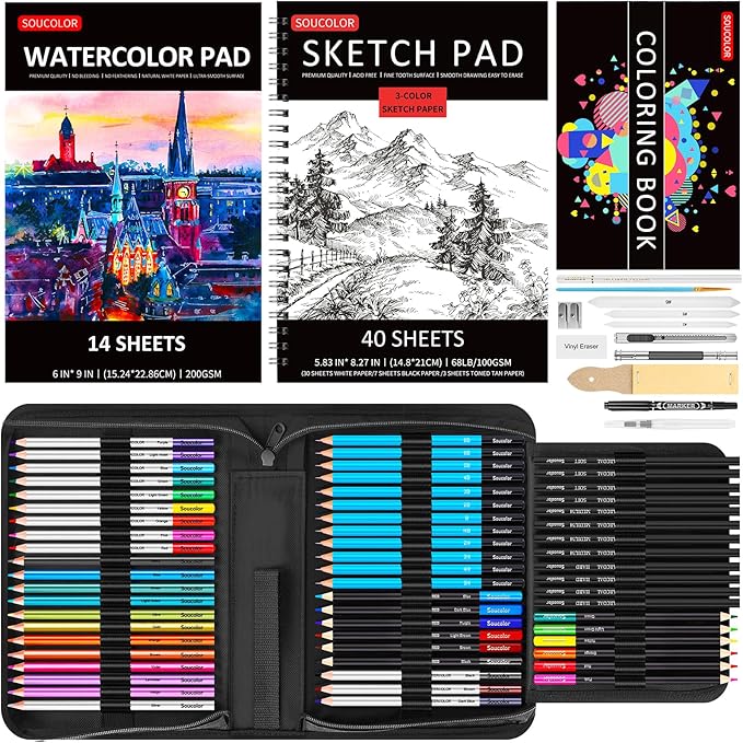 Art Supplies, Soucolor 76 Pack Drawing Set Sketching Kit, Christmas Gifts Box for Adult Kids Teen Girls: 3-Color SketchBook, Watercolor Pad, Coloring Book, Charcoal Colored Watercolor Metallic Pencils