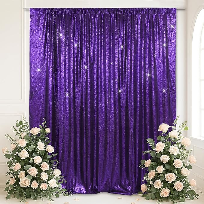 SquarePie Sequin Backdrop Less Transparent Background Sparkly Curtain for Wedding Halloween Party 8FT x 8FT Purple