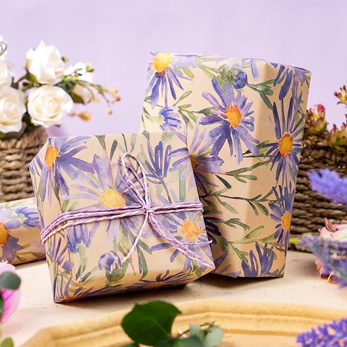 RUSPEPA Purple Daisy Floral Wrapping Paper, Watercolor Flower Kraft Paper - Mini Roll - 17 in x 32.8 ft Each Roll, Gift Wrapping Paper for Girls, Women, Wedding and Birthday,