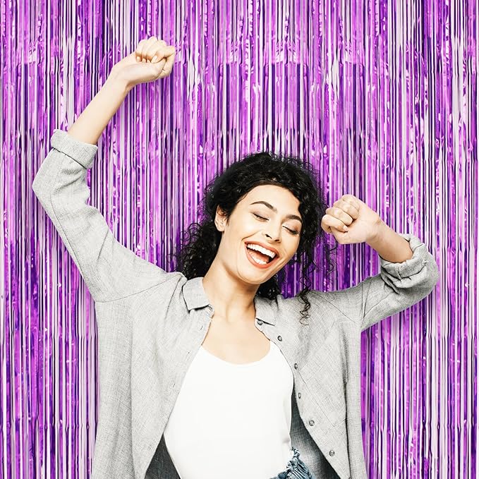 3 Pack 3.3 x 8.2 ft Laser Purple Foil Fringe Backdrop Curtains, Tinsel Streamers Birthday Party Decorations, Fringe Backdrop for Graduation, Baby Shower, Gender Reveal, Disco Party
