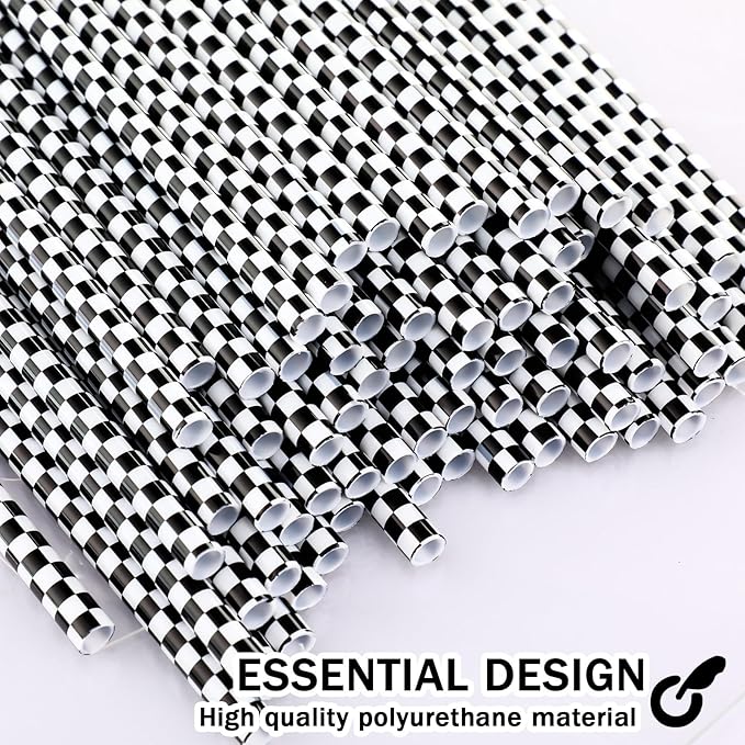 Domensi 100 Pcs Black and White Checkered Racing Straws Plastic Disposable Drinking Straws Hard Plastic Reusable Striped Flag Party Supplies for Race Car Sports Themed Birthday Decoration