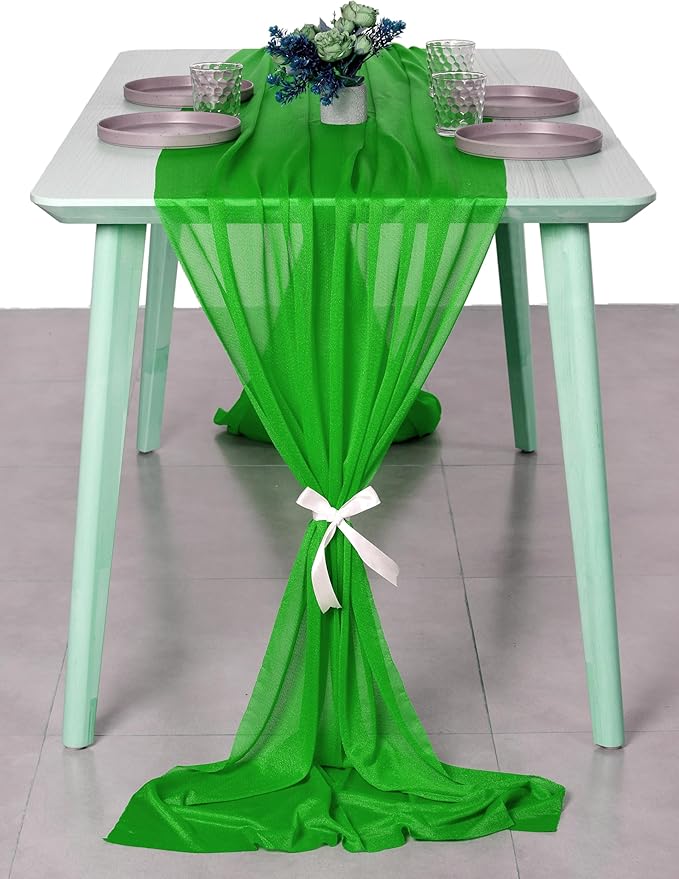 MDS 2 Pack 10ft Chiffon Table Runner 29 x 120 Inches Sheer Wedding Runner Romantic Rustic Table Runner for Wedding Decorations, Birthday Parties, Bridal Shower Party Arch Decor - Green