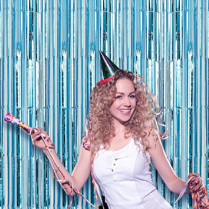 2 Pack 3.3x8.2 Feet Light Blue Foil Fringe Backdrop Curtains, Tinsel Streamers Birthday Party Decorations, Fringe Backdrop for Graduation, Baby Shower, Gender Reveal, Disco Party