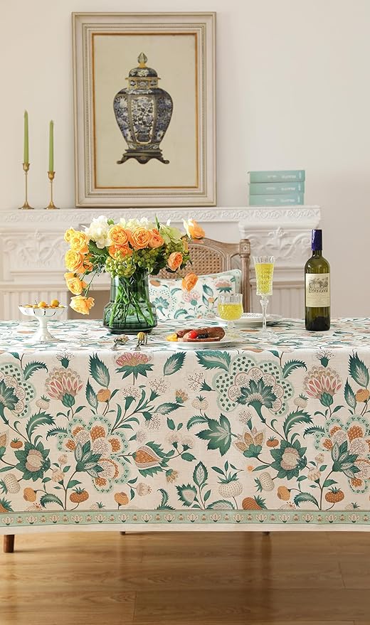 patdrea Designer Green Rectangle Table Cloth,Vintage Italian Floral Country Linen Breathable Tablecloth,Decor Cover for Kitchen Dining,Christmas,Tea Party,Thanksgiving,63"x94"-Tree Life