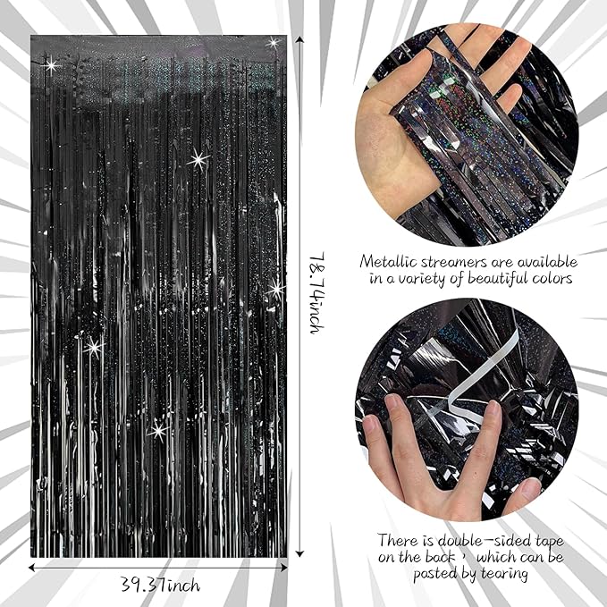 Tinsel Curtain Backdrop Black Birthday Party Decorations 10 Packs Glitter Foil Fringe Curtain Party Decor Streamers Photo Booth for Birthday Christmas Wedding Halloween Graduation Decorations