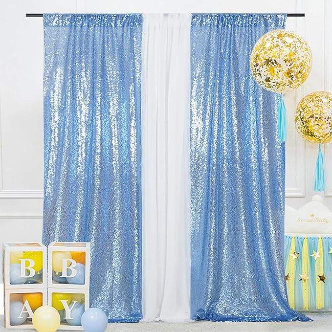 SquarePie Sequin Curtain 2FT x 8FT Baby Blue 2pcs Backdrop Sparkly Wedding Party Decoration