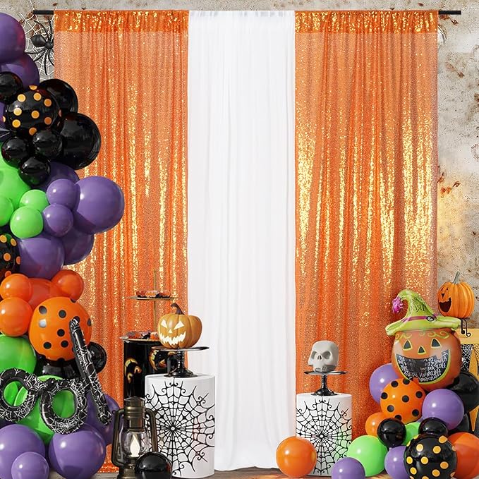 SquarePie Sequin Backdrop Curtain 2FTx8FT Orange 2pcs Background for Halloween Thanksgiving Party Decoration