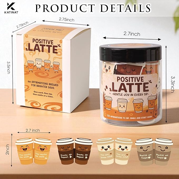 Positive Latte Affirmation Jar – 60pcs Cute Emotional Support Lattes – Coffee Gifts for Women, Men– Birthday Gift, White Elephant Gift for Coworker, Boss, Nurse, Teacher, Teens, Back to School Gifts