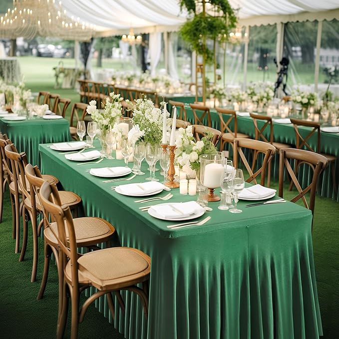Wish Care 6 Pack Hunter Green Stretch Spandex Table Clothes for 8 Foot Rectangle Tables, 8FT Wrinkle Free Fitted Tablecloths Ruffles Design Table Cover for Party, Banquet, Wedding and Events