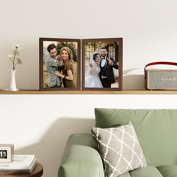 decorUhome Double 8x10 Picture Frame Vertical, Engineered Wood Bifold Photo Frame with Plexiglass for Tabletop Display, 8x10, Brown