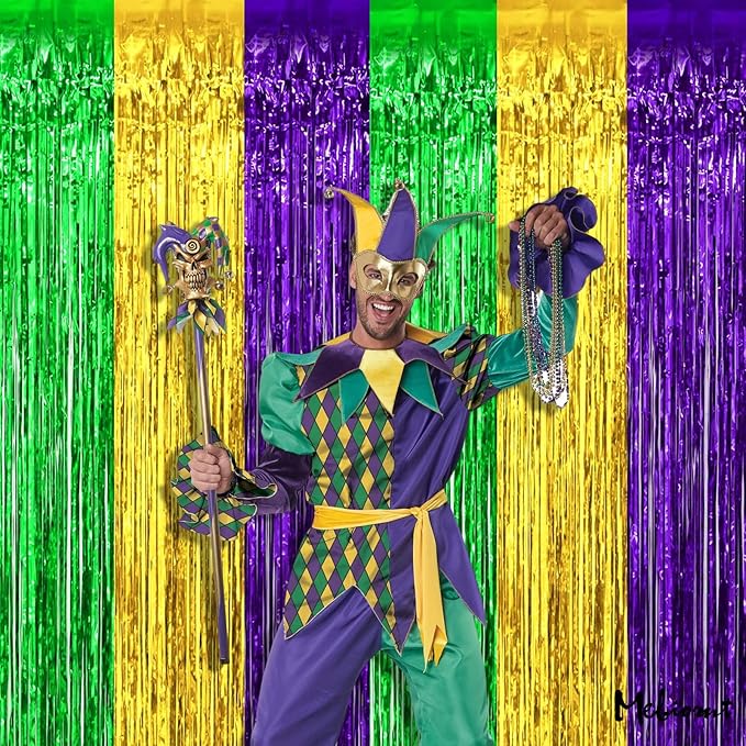 4 Pack 3.2Ft x 6.6Ft Mardi Gras Fringe Curtain Backdrop, Gold Green Purple Metallic Tinsel Foil Fringe Streamers Curtains Background for Photo Booth Birthday Wedding Carnival Party Decorations