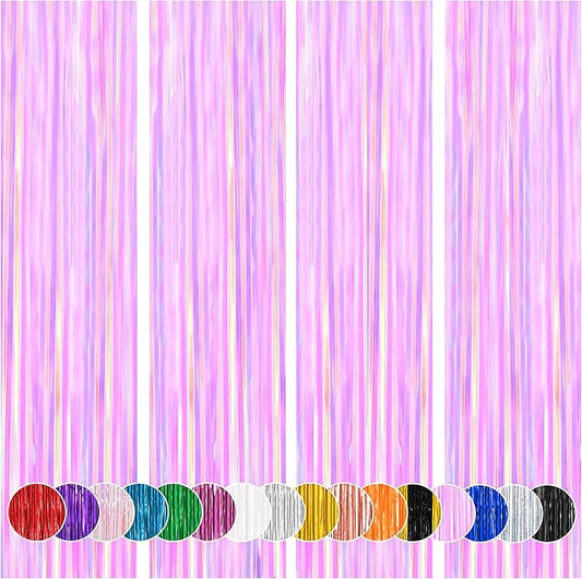 BTSD-home 4 Pack Iridescent Transparent Purple Foil Fringe Curtain, Metallic Photo Booth Tinsel Backdrop Door Curtains for Wedding Birthday Baby Shower Bachelorette Party Decorations(8ft x 3ft)
