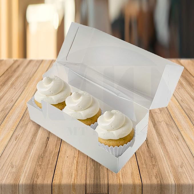 MT Products White Cupcake Boxes 9" x 4" x 3.5" - Bakery Boxes with Window (Pack of 10) - Made in USA
