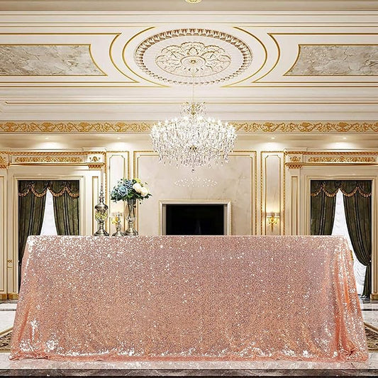 QueenDream Tablecloth 90x156 Rectangle Sequin Table Cloth Rose Gold Wedding Table Linens Glitter Birthday Bridal Party Indoor Outdoor Decorations