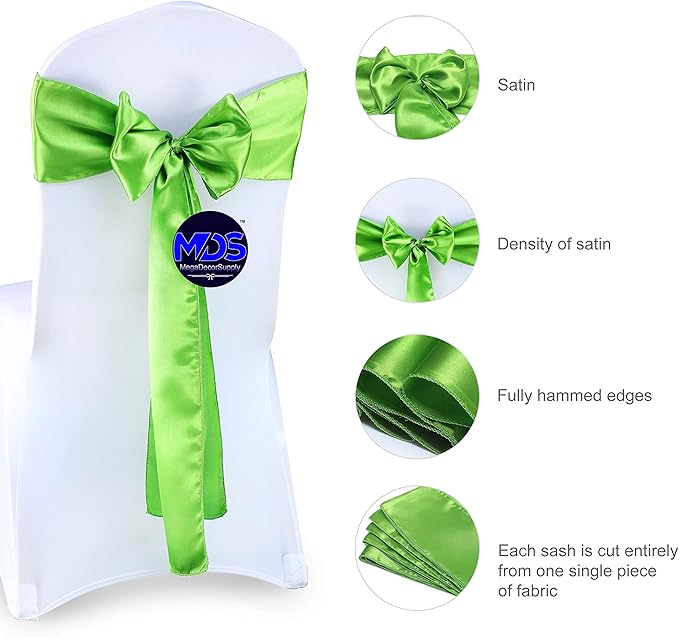 MDS Pack of 75 PCS Satin Chair Sashes Charmeuse Sateen Dining Chair Bows Ribbon Ties Back Sash for Wedding Party Birthday Home Hotel Restaurant Banquet Decoration (7 x 108 Inch, Parrot Green)