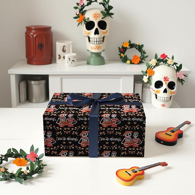 LeZakaa Day of the Dead Wrapping Paper Roll, Skulls, Día de Muertos Skeleton Couple Playing Guitar Design, for Party Celebrations, Romance, Mini Roll 17 in x 16.4 Ft