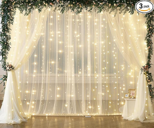 Ivory Tulle Backdrop Curtains with Lights String for Parites Wedding 20×8ft Ivory Sheer Backdrop Curtains for Baby Shower Birthday Party Photo Shoot Background Decorations(4 Panels 5ft×8ft)