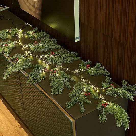 Birchlitland Christmas Garland with Lights Cadar Lighted Garland Battery Operated with Timer or USB Light 6FT 80 LED Fairy Lights, Faux Vine with Lights for Mantel Fireplace and Holiday Decor