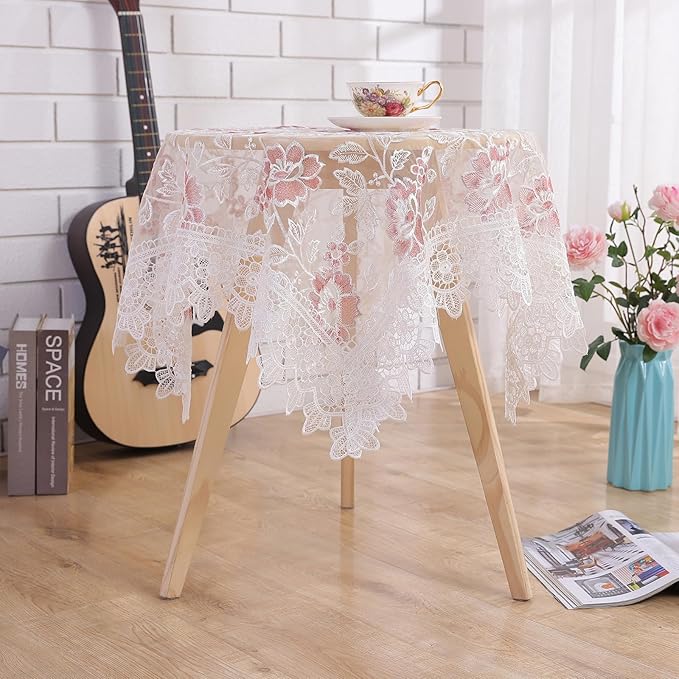 Round Embroidered Lace Tablecloth Vintage Decorative Exquisite Border Table Cover for Party Wedding Home Decorations, Round-60, White