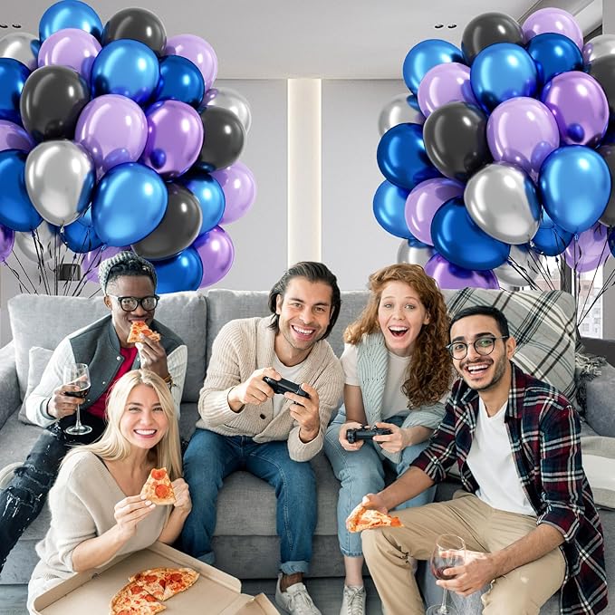 60pcs 12inch Space Balloons, Black Metallic Blue Purple Silver Balloons for Birthday Astronaut Space Themed Party Decorations