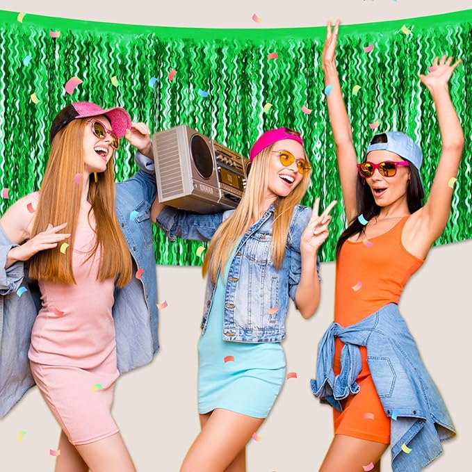 6 Pack 29x108 Inch Green Wave Foil Fringe Table Skirts Metallic Banner for Tinsel Streamer Garland Backdrop for Parade Floats Wedding, Mother's Day, Birthday Mardi Gras Party Decorations