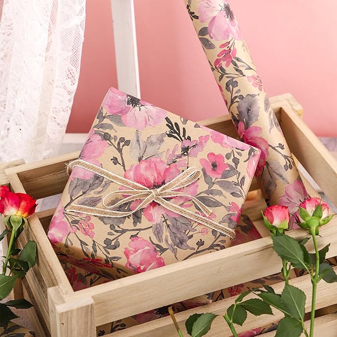 RUSPEPA Pink Flower Gift Wrapping Paper, 17 x 32.8 Feet, Mini Roll, Floral Gift Wrap Kraft Paper Roll for Women, Girls, Spring and Summer, Wedding and Bridal Shower