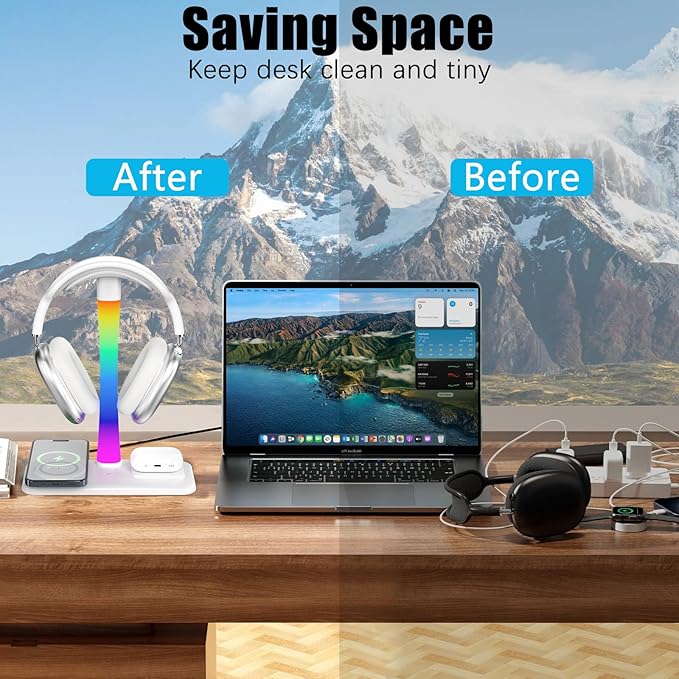 Headphone Stand with Wireless Charger,Gaming Headset Stand with RGB Light Mode,Airpod Max Stander Compatible with Airpod Pro/3/2,iPhone 16/15/14/13/12/11,Gifts for Gamers & Music Lover (White)