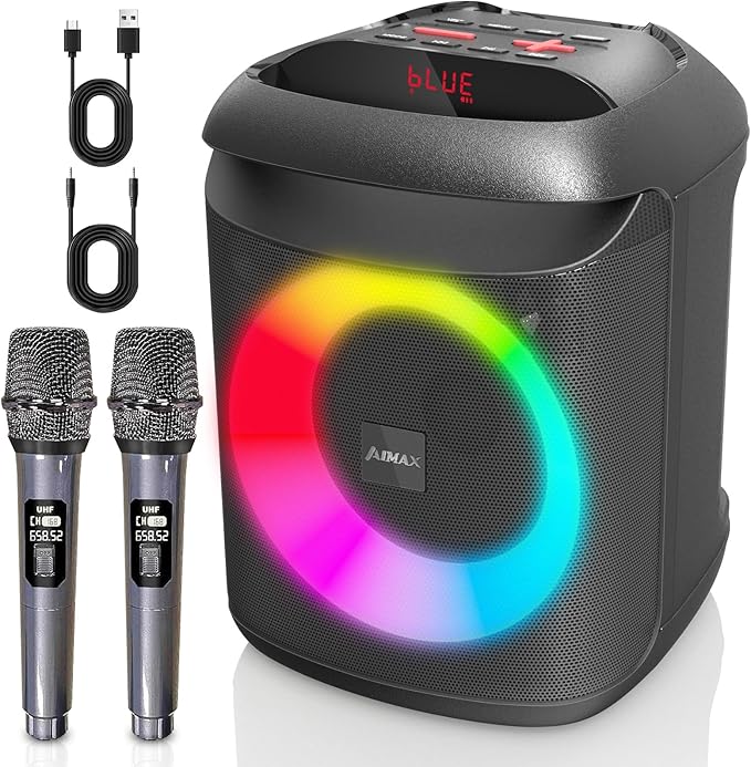 AIMAX Karaoke Machine with Bluetooth and Two Wireless Microphones, Portable Speaker for Home & Outdoor Parties, 7-Hour Battery Life, Mic/AUX/USB/TF Support, Perfect for Kids & Adults Singing