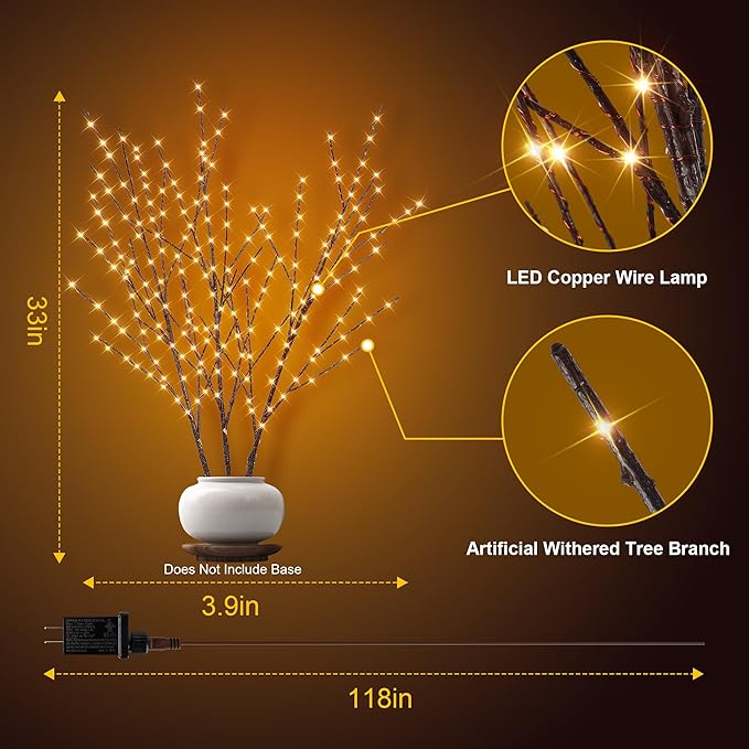 33in Lighted Branches with 180 LED Lights, Twinkling Light Up Tree with Timer, DIY Flexible Lighted Branches for Home Décor, Bedroom, Wedding, Party