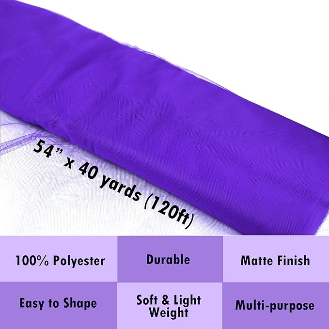 Craft And Party, Purple Fabric Tulle Roll 54 Inch by 40 Yards (120 ft) Fabric Tulle Bolt for DIY Tutu Skirt, Wedding and Decoration (Purple)
