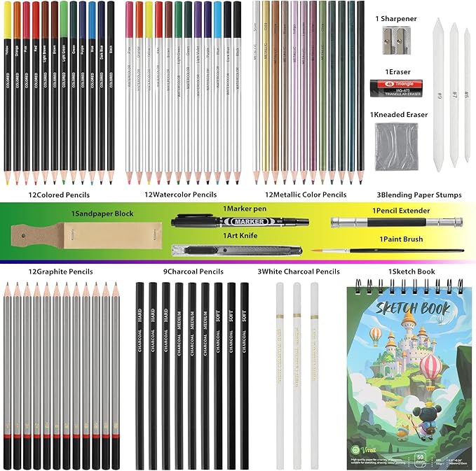 Vnzil 72 Pack Drawing Set Sketching Kit, Art Supplies for Artists, Beginners, Adults, Teens, Premium Art Kit with 50 Sheets Sketch Book, Colored, Watercolor, Metallic, Graphite, Charcoal Pencils