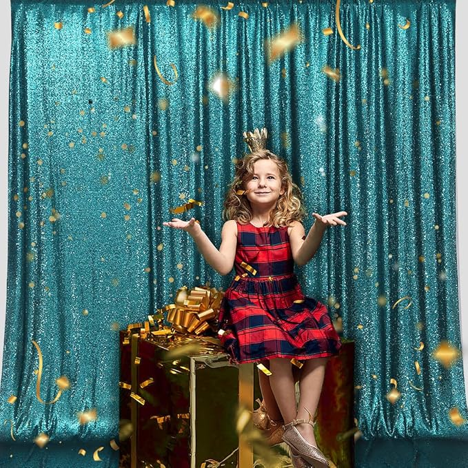 PartyDelight Teal Sequin Backdrop 10Ft x 10Ft Photography Christmas Curtain