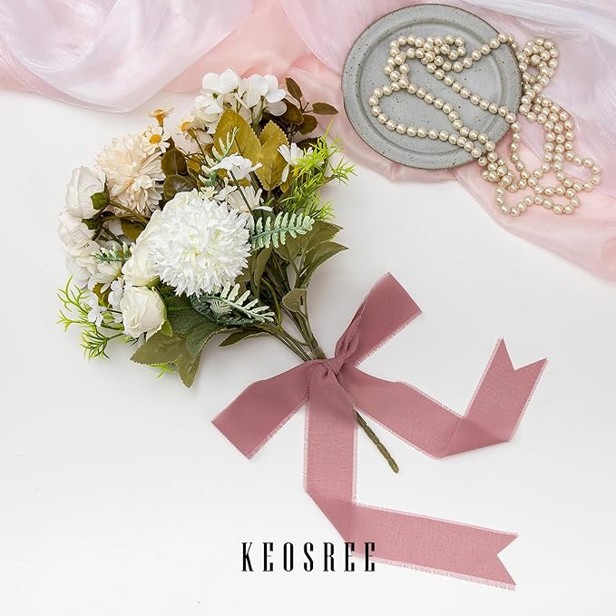 3 Rolls Dusty Rose Handmade Chiffon Ribbon,1.5" x 21Yd Frayed Fringe Silk Mauve Ribbons (3 Rolls *7Yd) for Gifts Wrapping, Wedding Invitations, Bridal Bouquets, Decorations