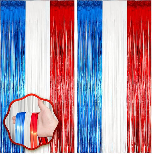 2 Pack Red White and Blue Foil Fringe Backdrop Curtains, Tinsel Streamers Party Decorations, Fringe Backdrop for Patriotic, Memorial Day, 4th of July, Independence Day